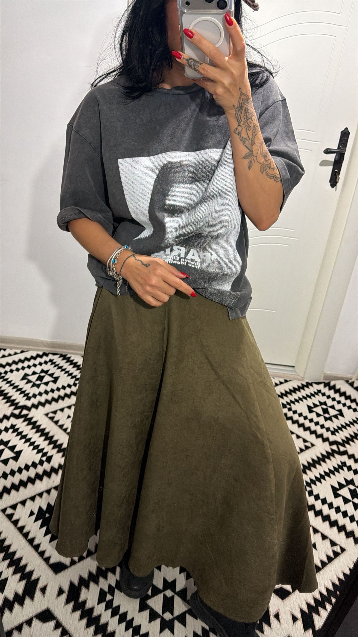 Olive Süet Midi Etek