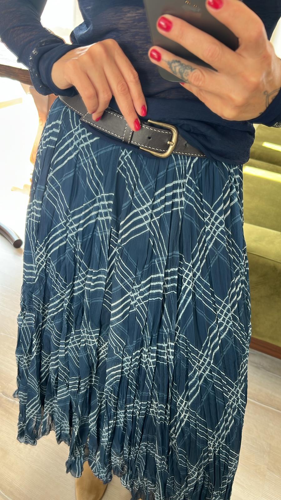 Petrol Mavisi Ekose Desenli Pliseli Asimetrik Etek