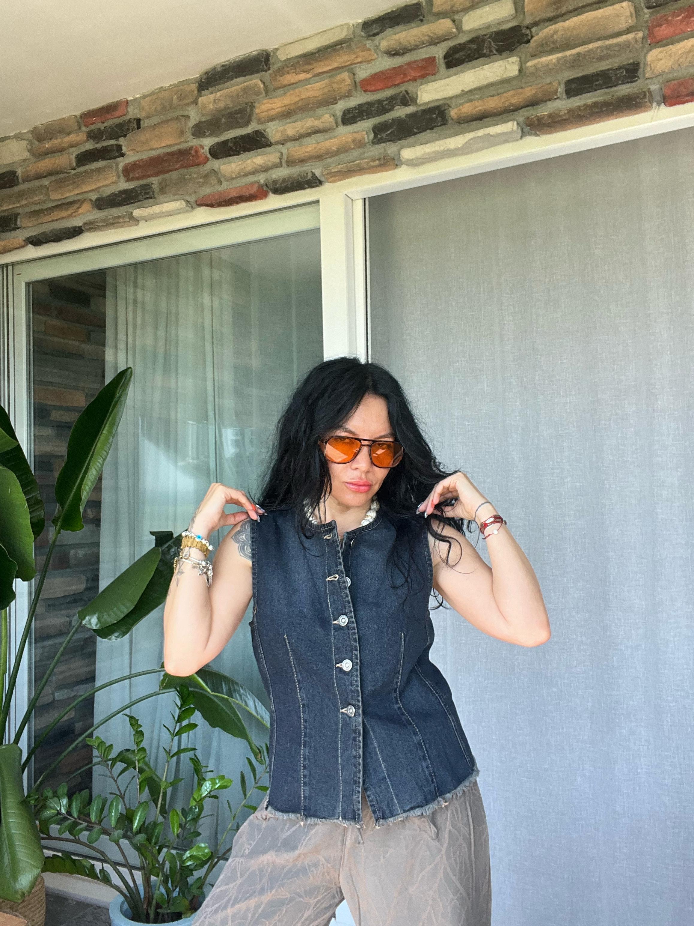Düğmeli Denim Yelek