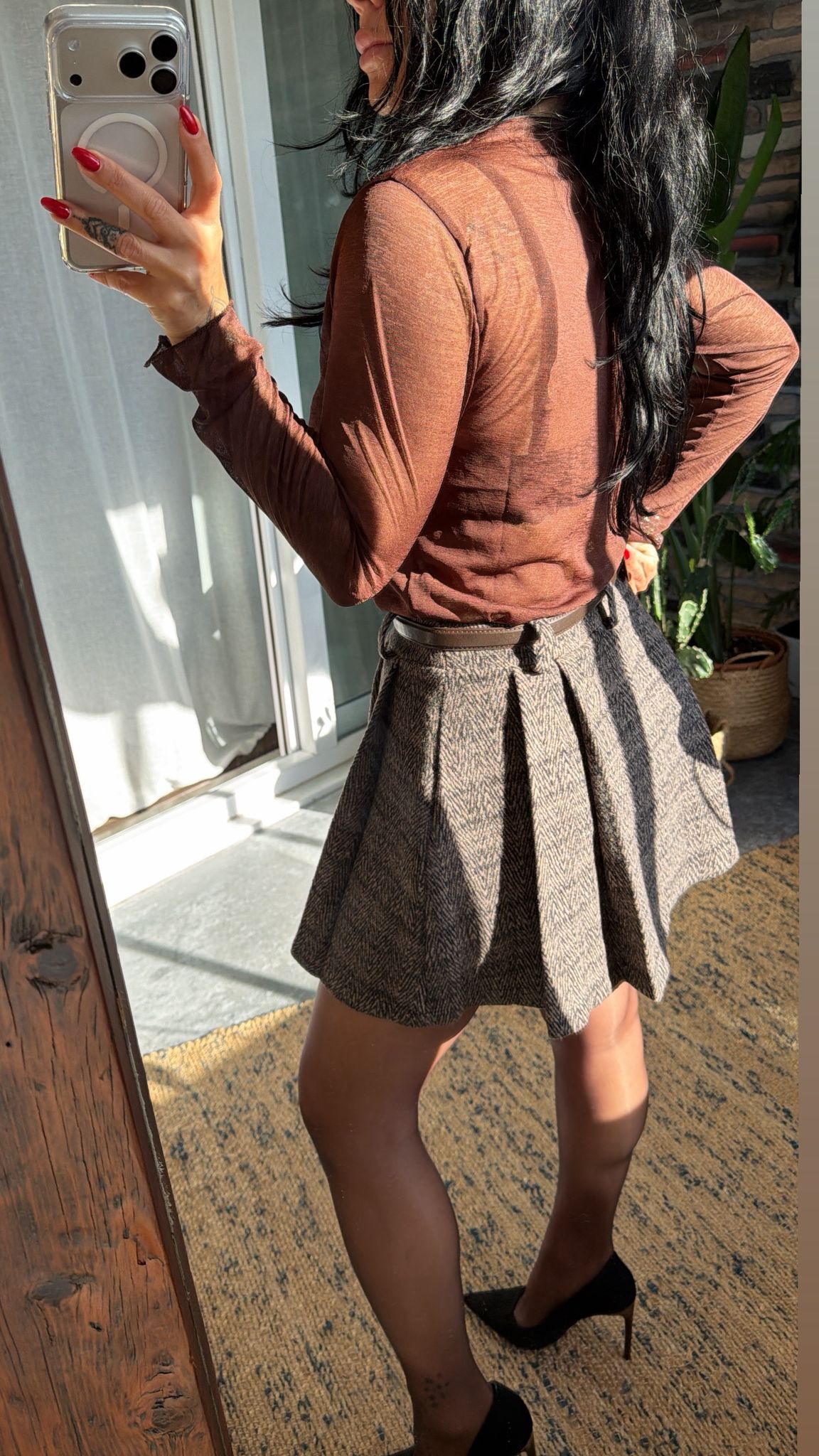 Desenli Aksesuar Detaylı Kahve Etek 