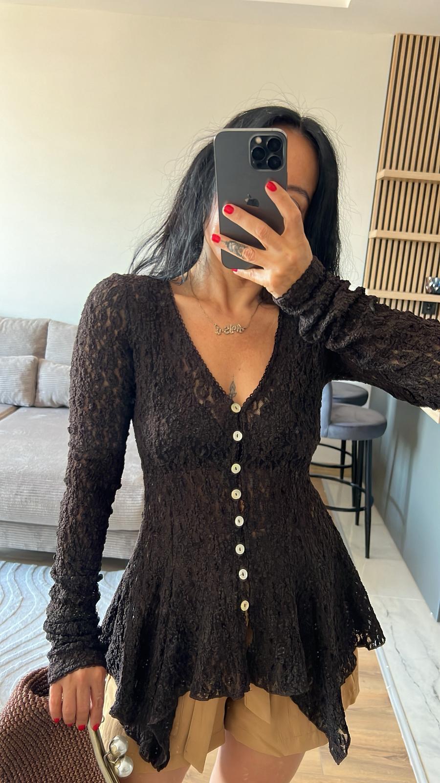 Düğmeli Peplum Dantel Hırka - Kahve