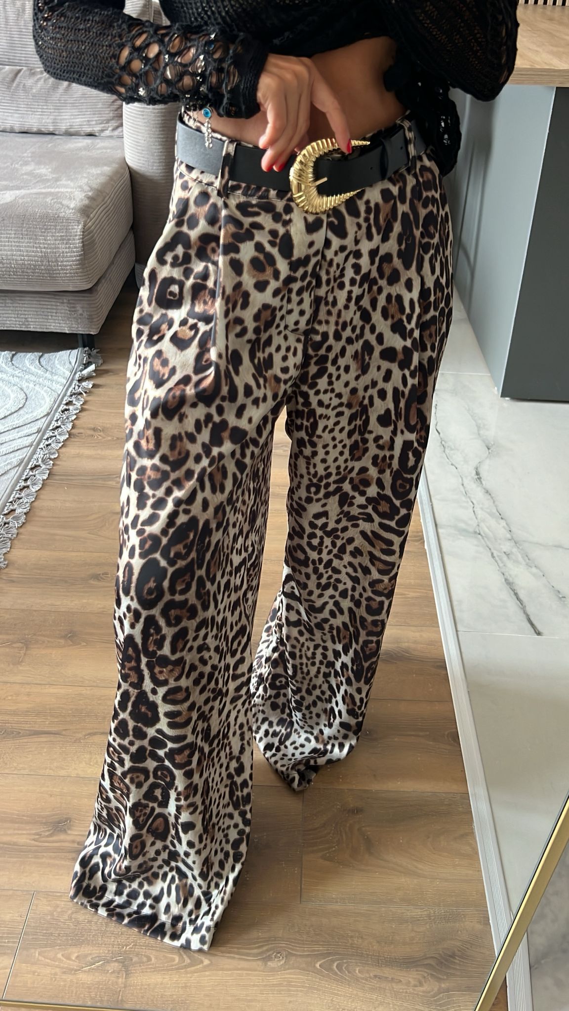 ZR Model Kemerli Saten Leopar Pantolon