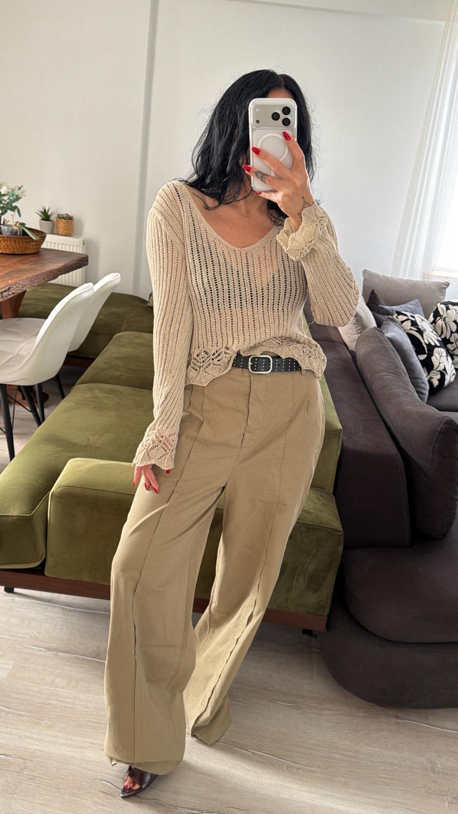 Kemerli Tasarım Bol Paça Pantolon - Camel