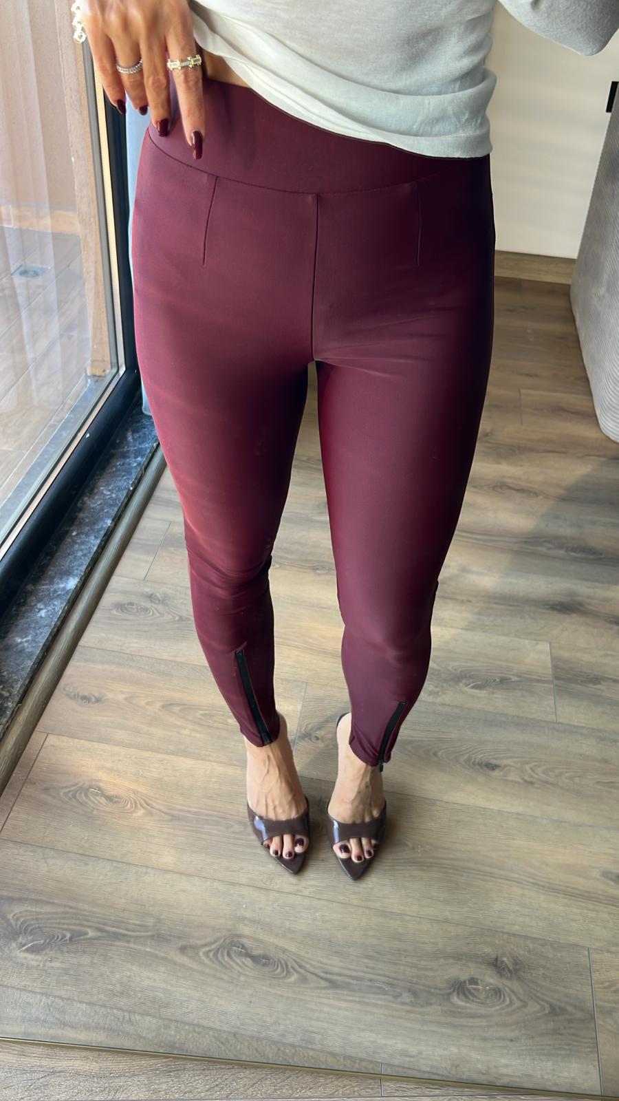 Parlak Doku Fermuar Detaylı Tayt - Bordo