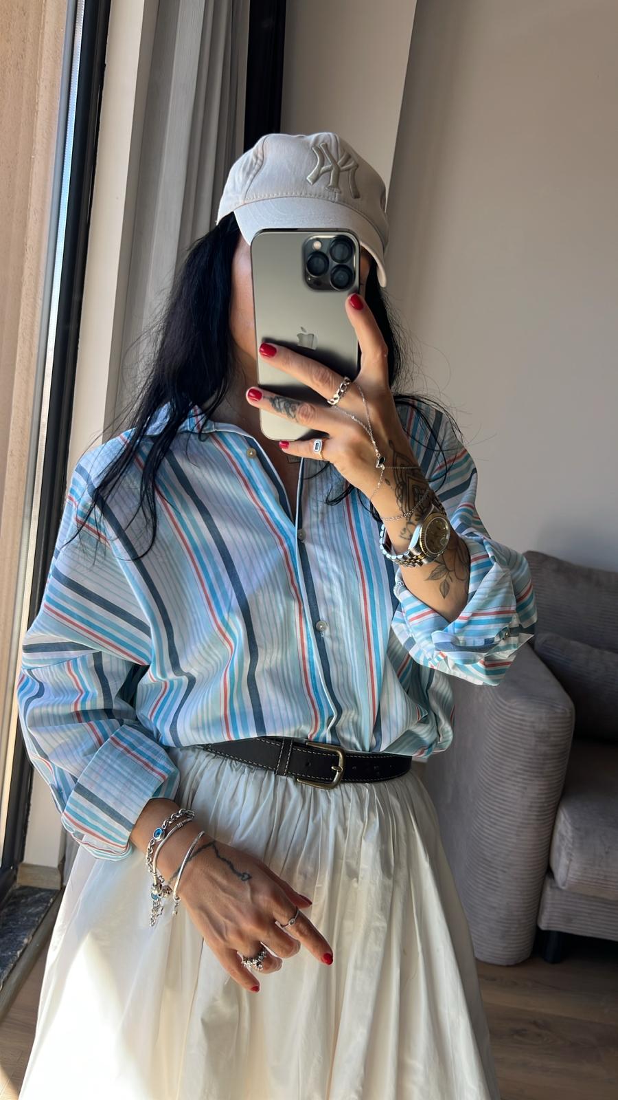 Dikey Çizgili Oversize Gömlek 