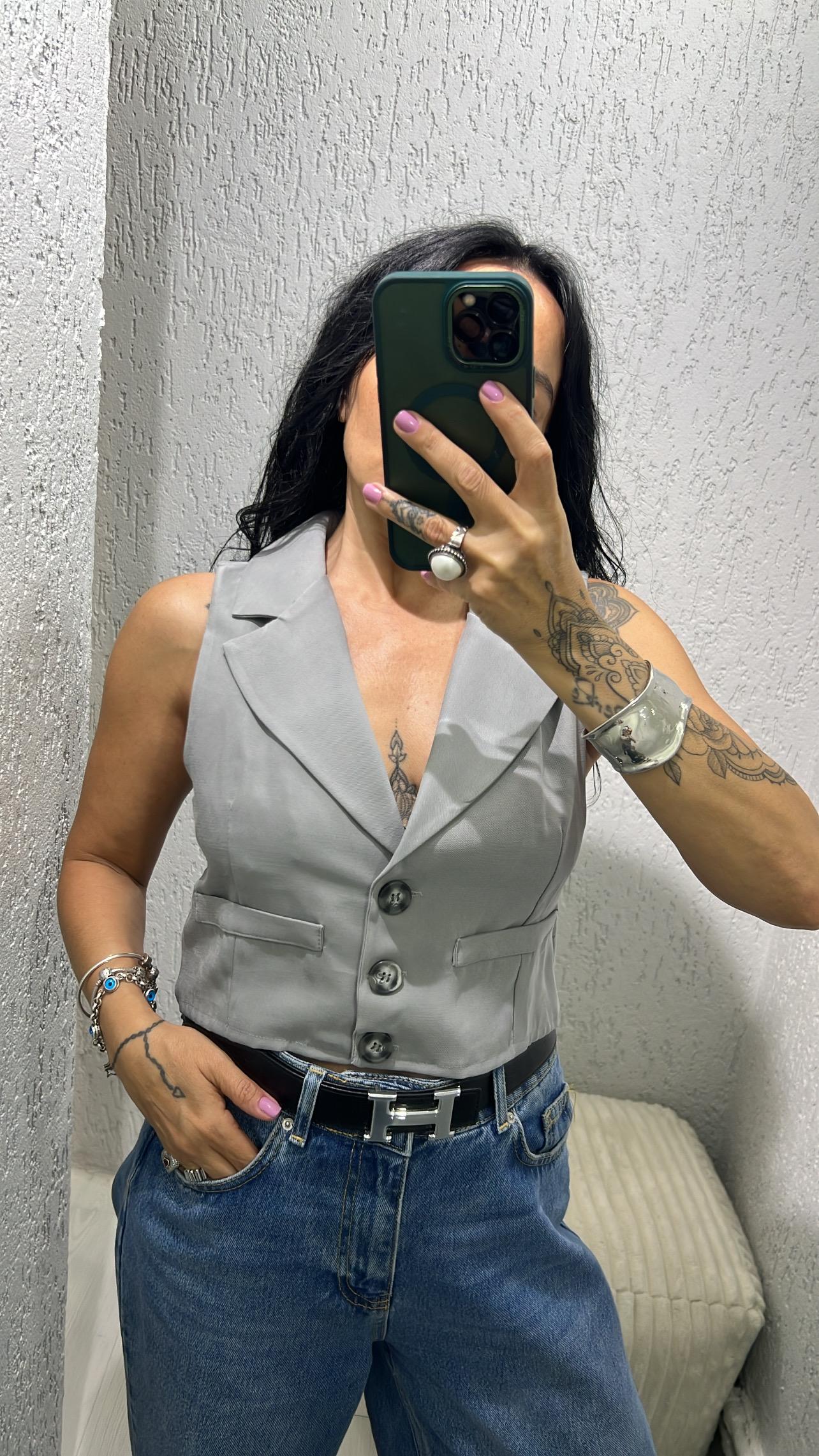 Gri Kruvaze Crop Yelek