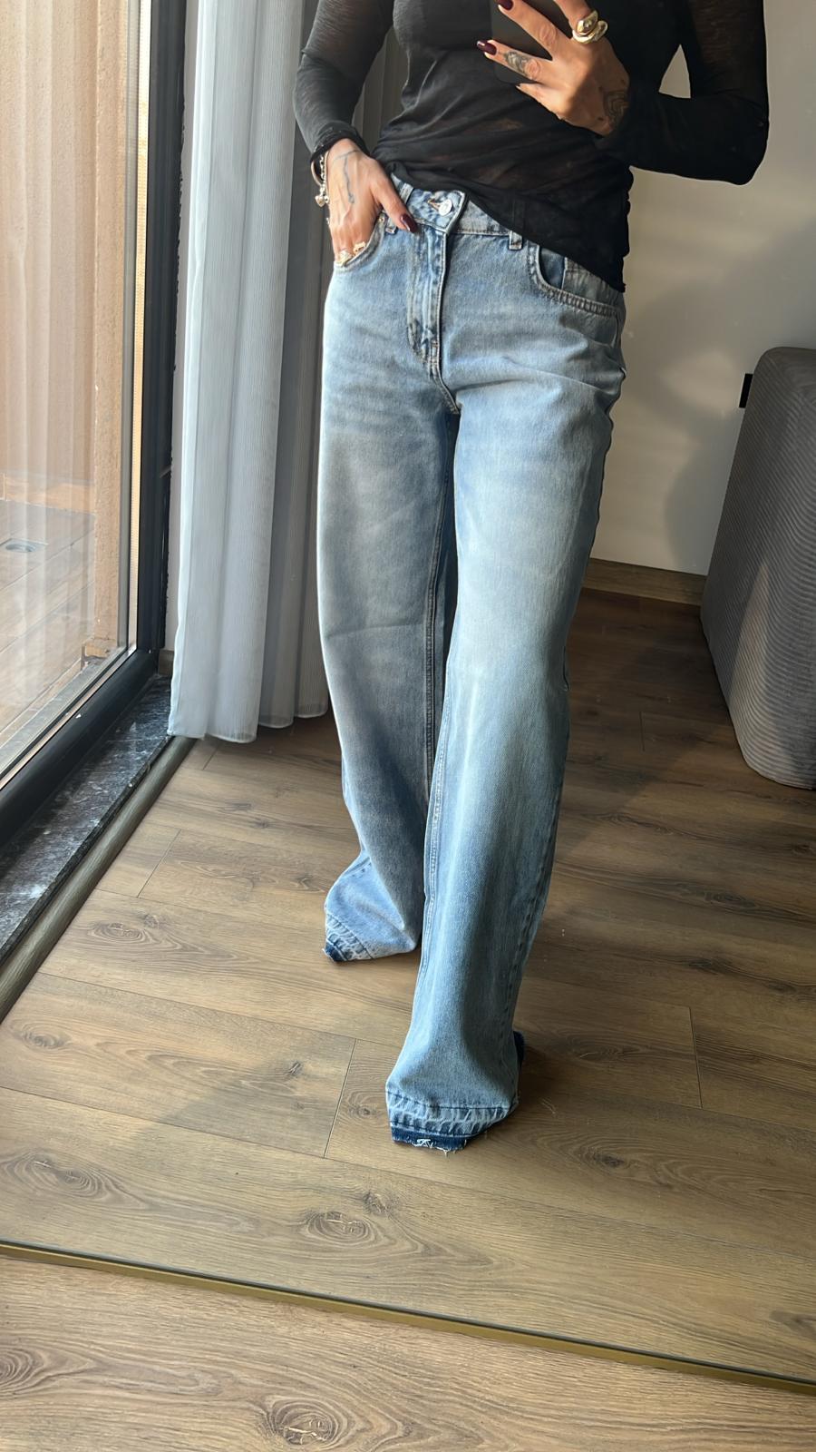 Paça Ucu İzli Orta Bel Mavi Denim Pantolon