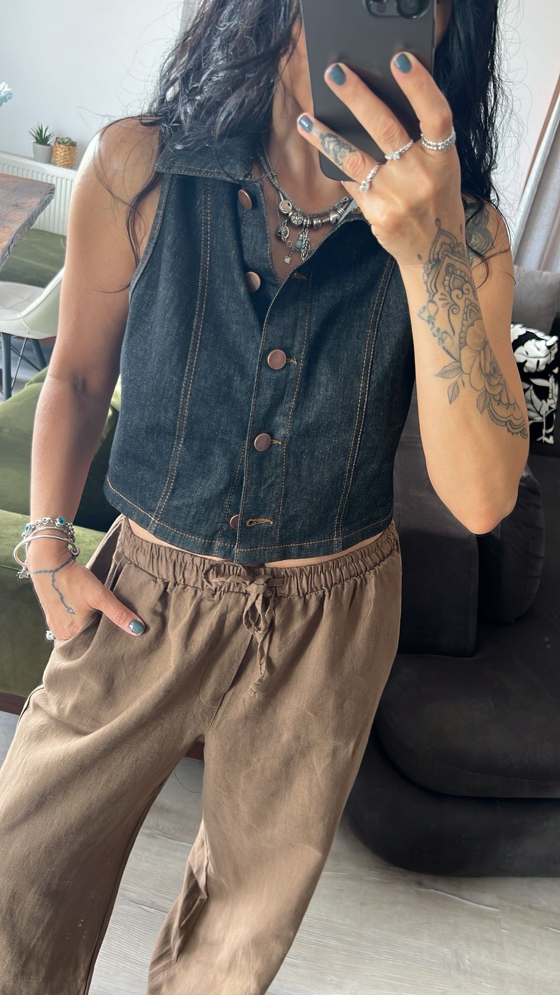 Düğmeli Kolsuz Denim Yelek