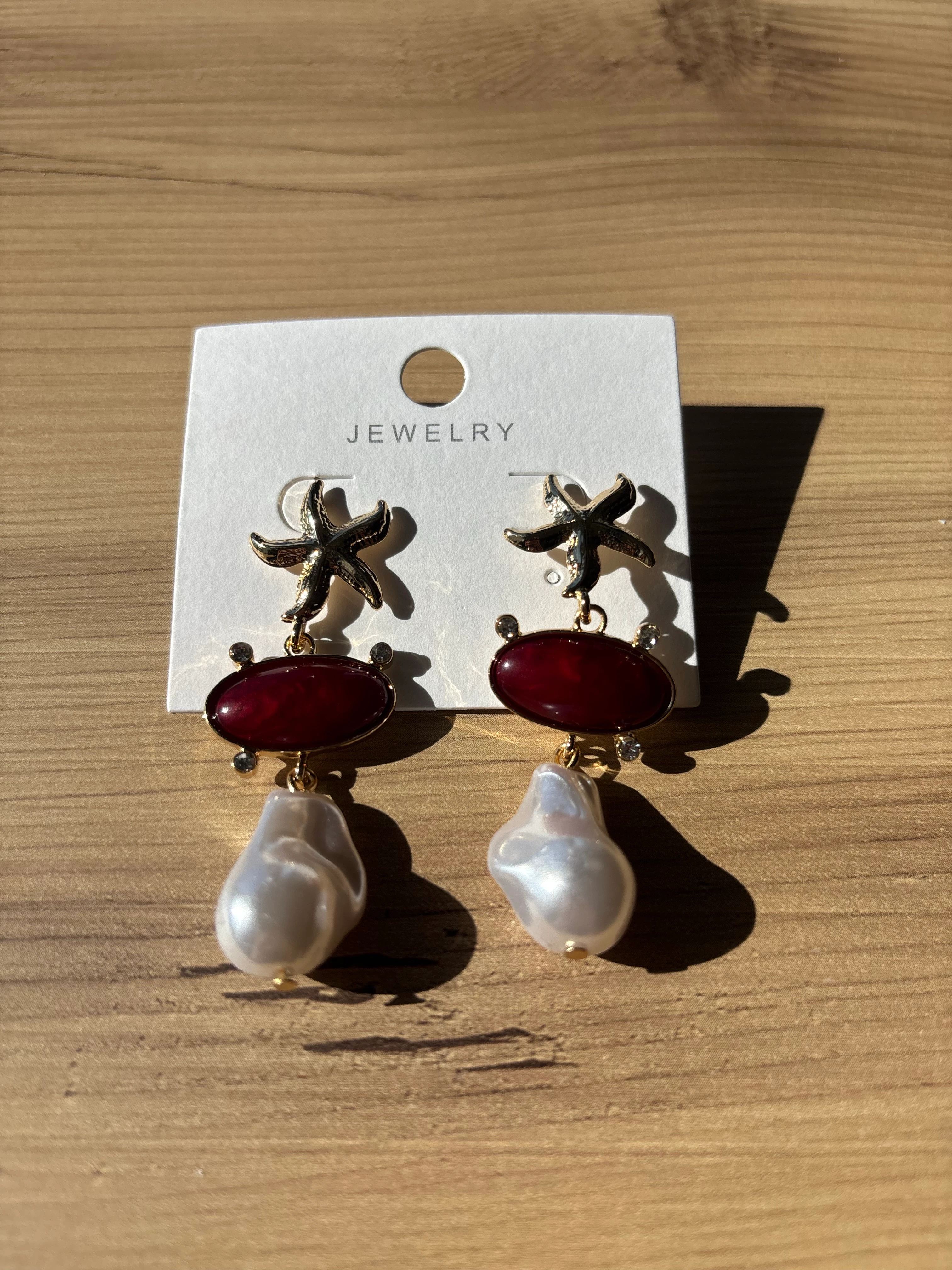 Bordo Oval Taşlı Barok İnci Küpe