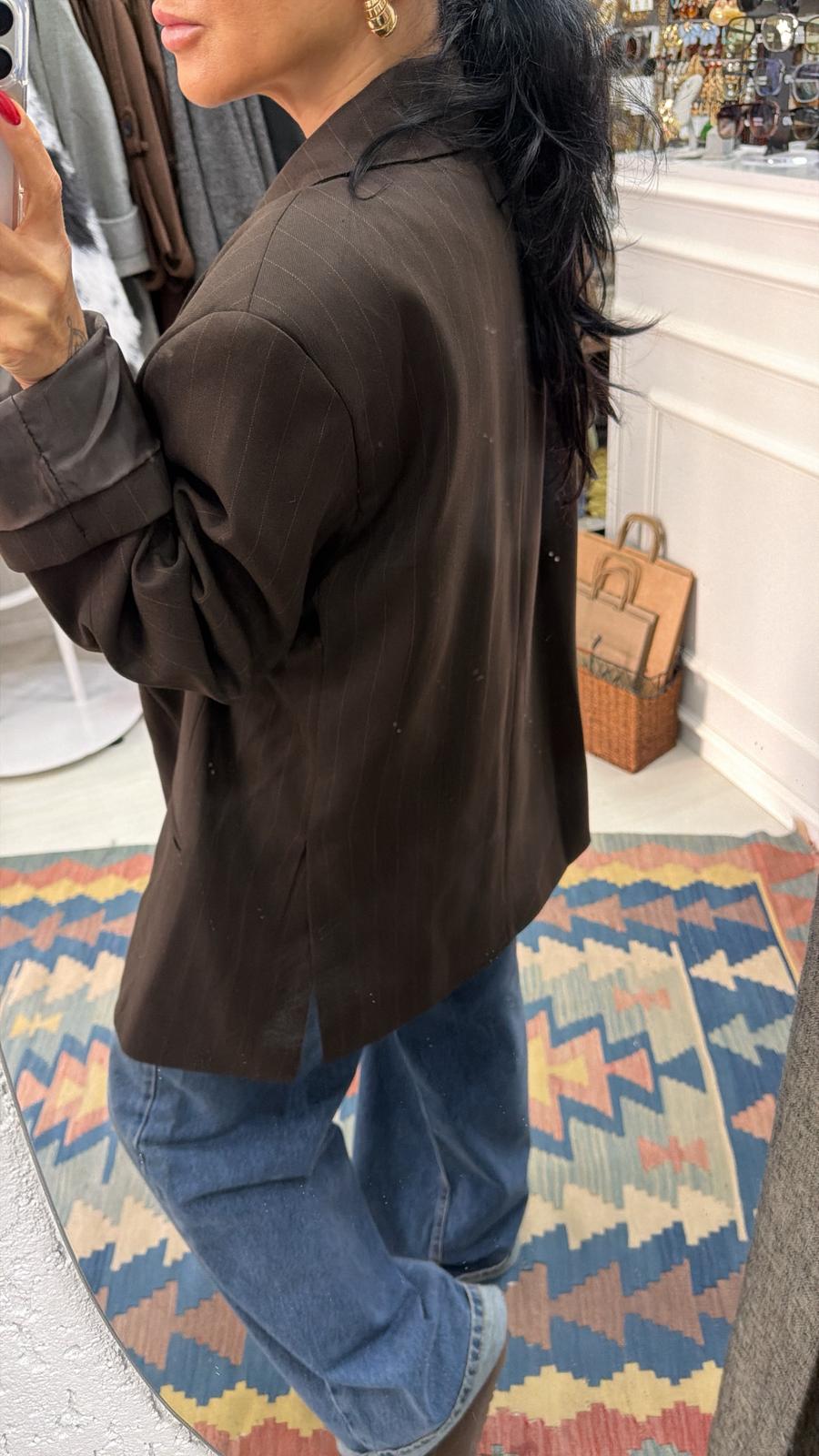 Kahve Çizgili Oversize Blazer Ceket 