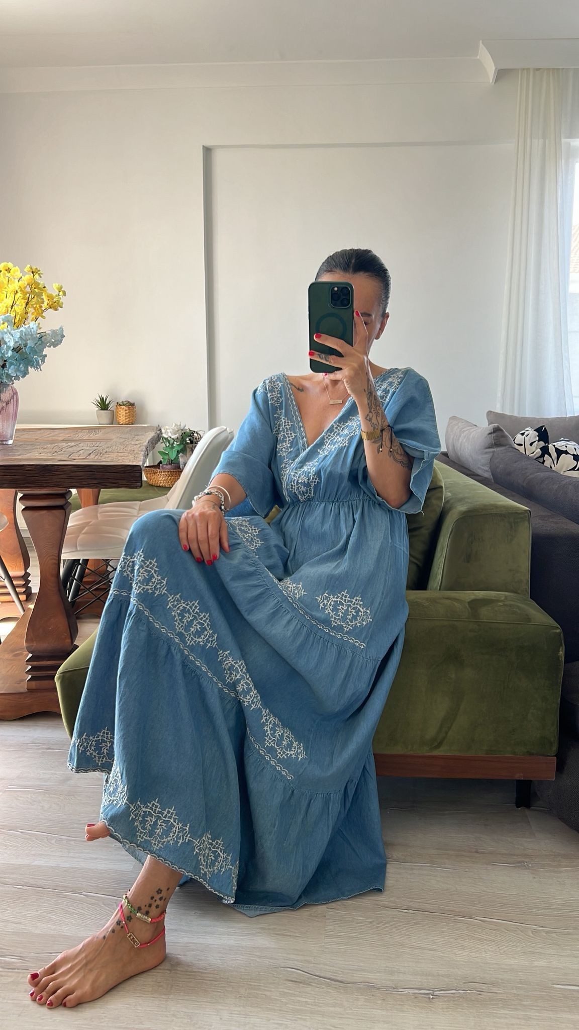 Nakışlı İnce Denim Bohem Elbise