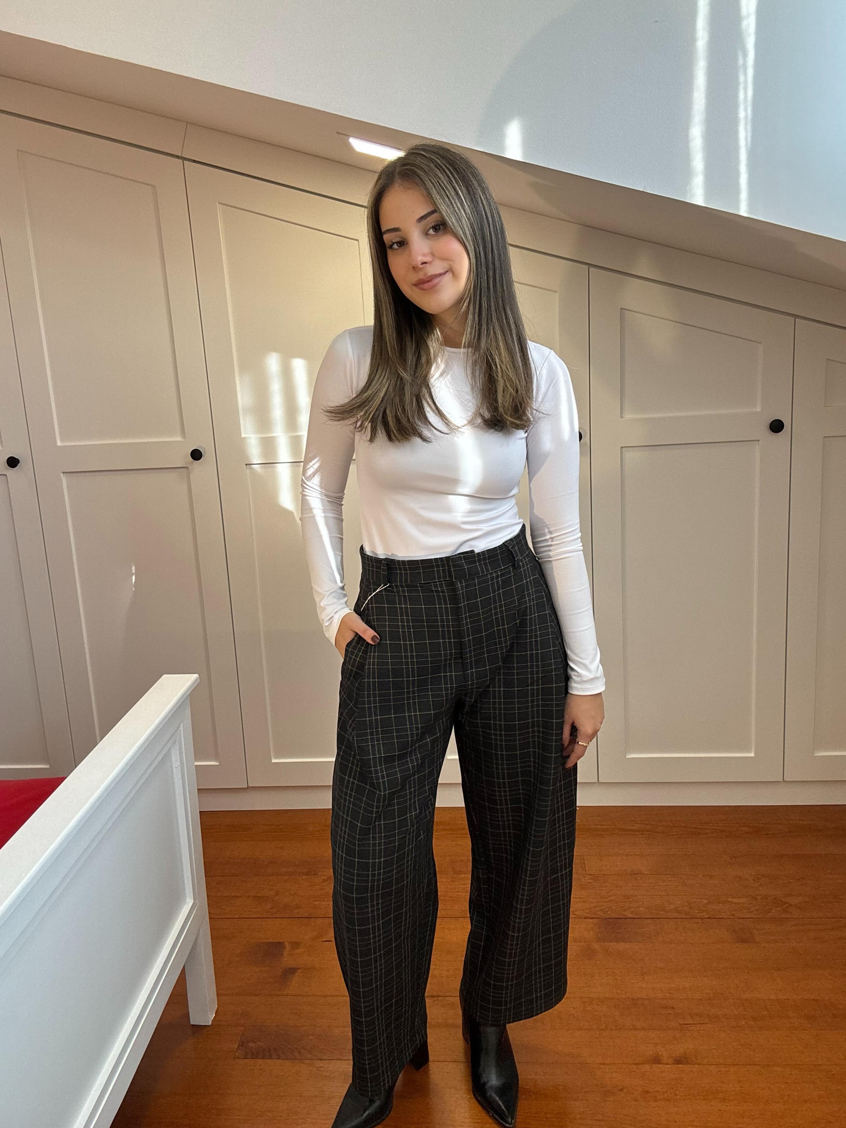 Ekose Desenli Geniş Paça Pantolon