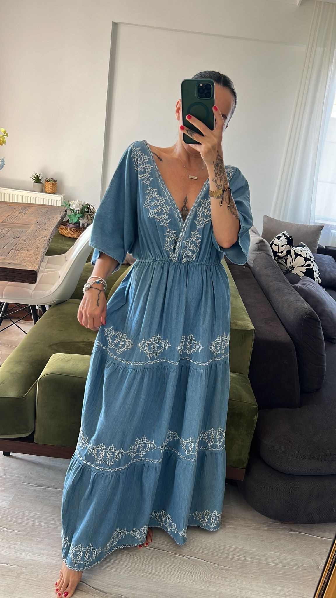 Nakışlı İnce Denim Bohem Elbise