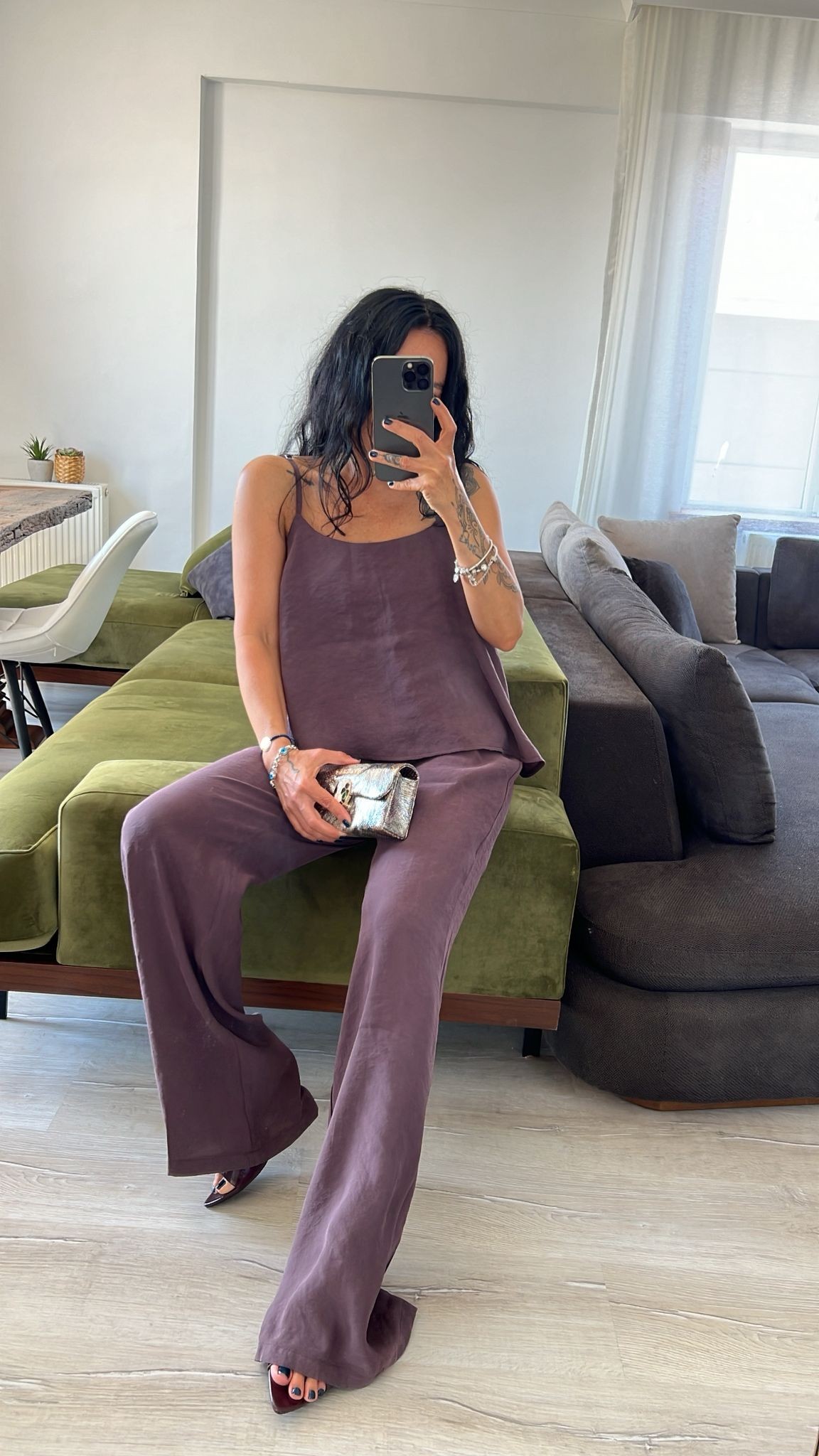 Mürdüm Askılı Bluz Pantolon Takım
