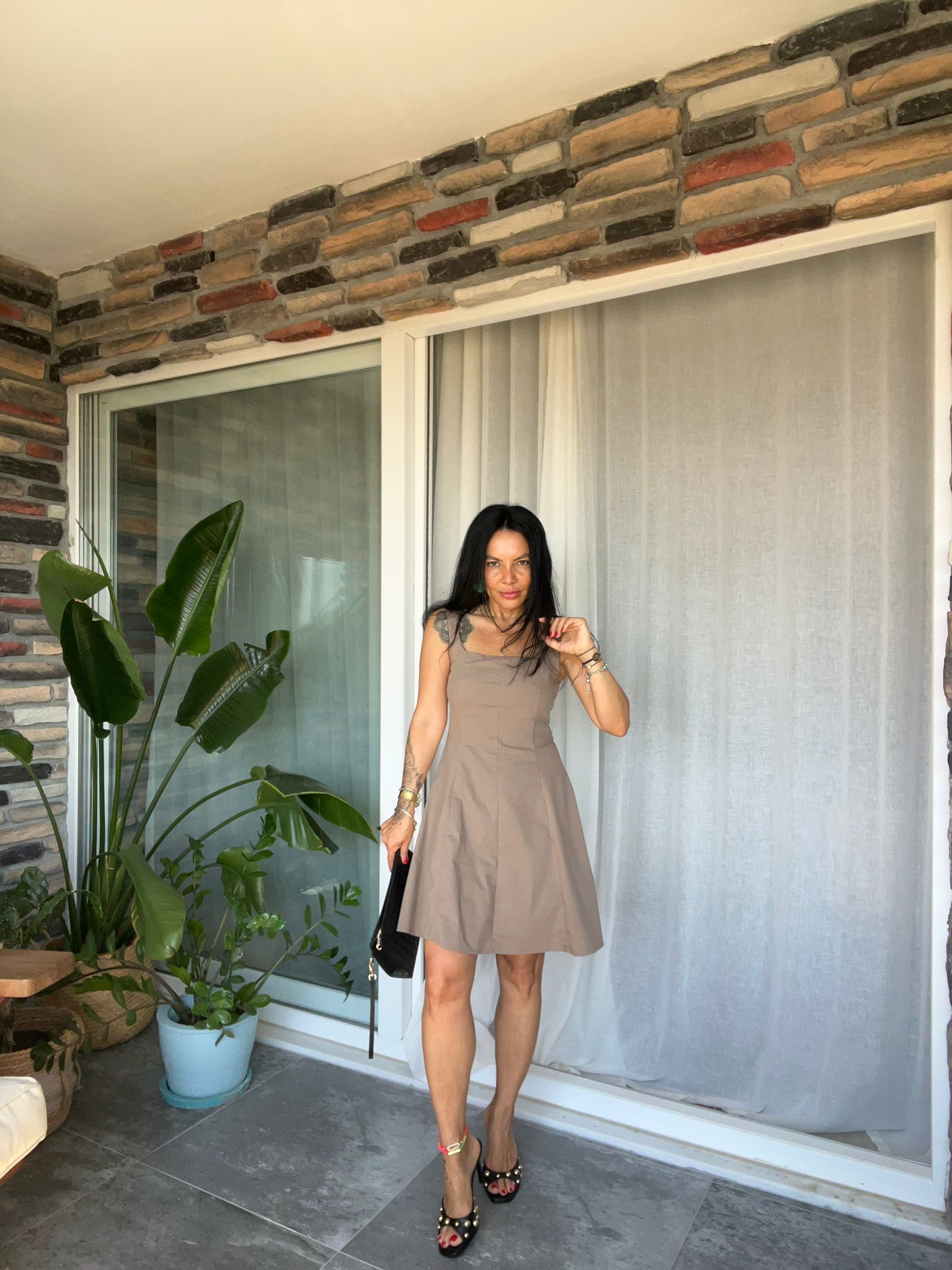 Askılı Kare Yaka Vizon Elbise