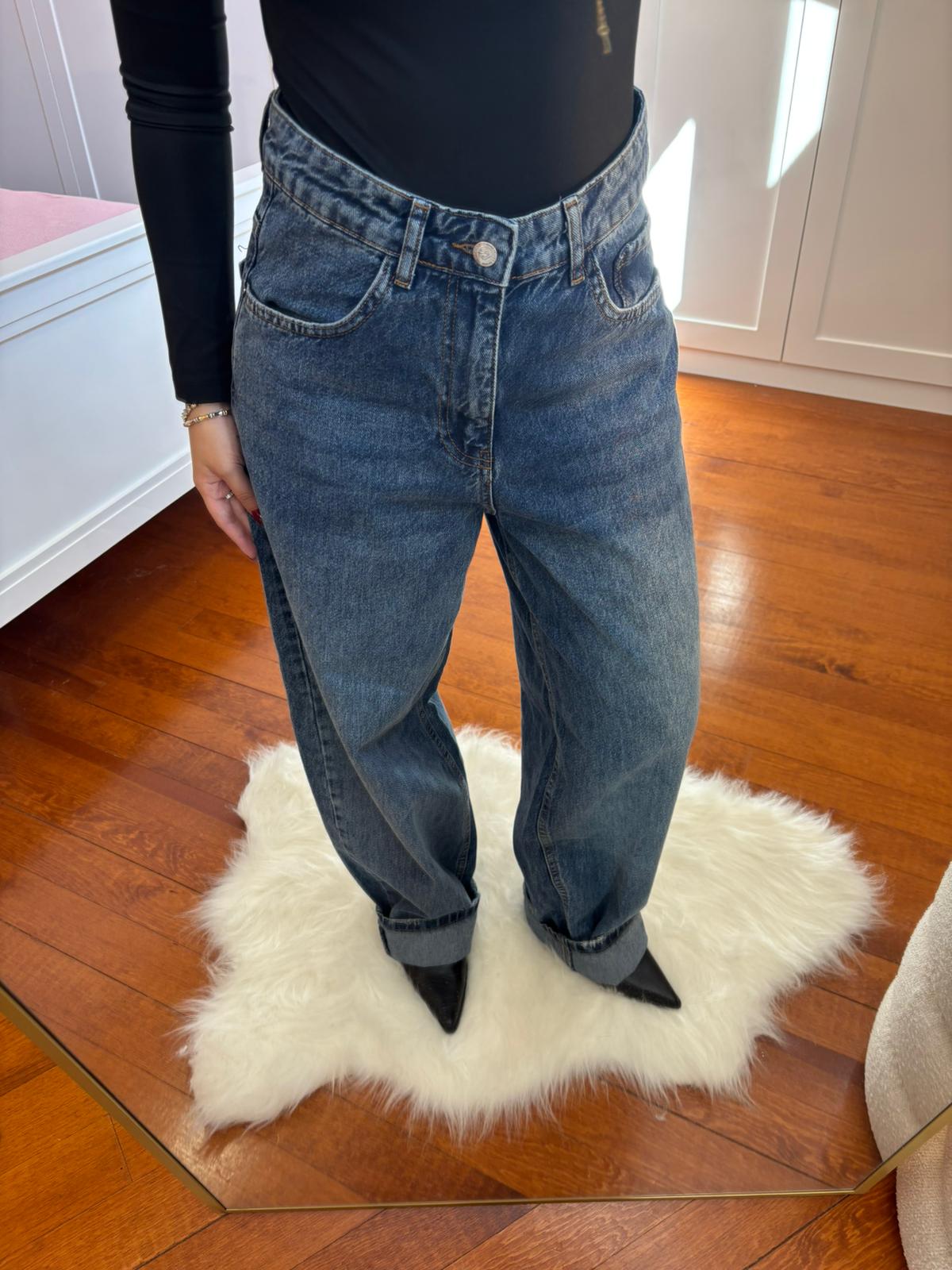 Koyu Mavi Kar Yıkamalı Baggy Jean