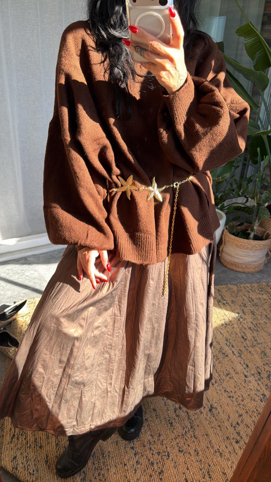 Kahve Parlak Görünümlü Midi Etek