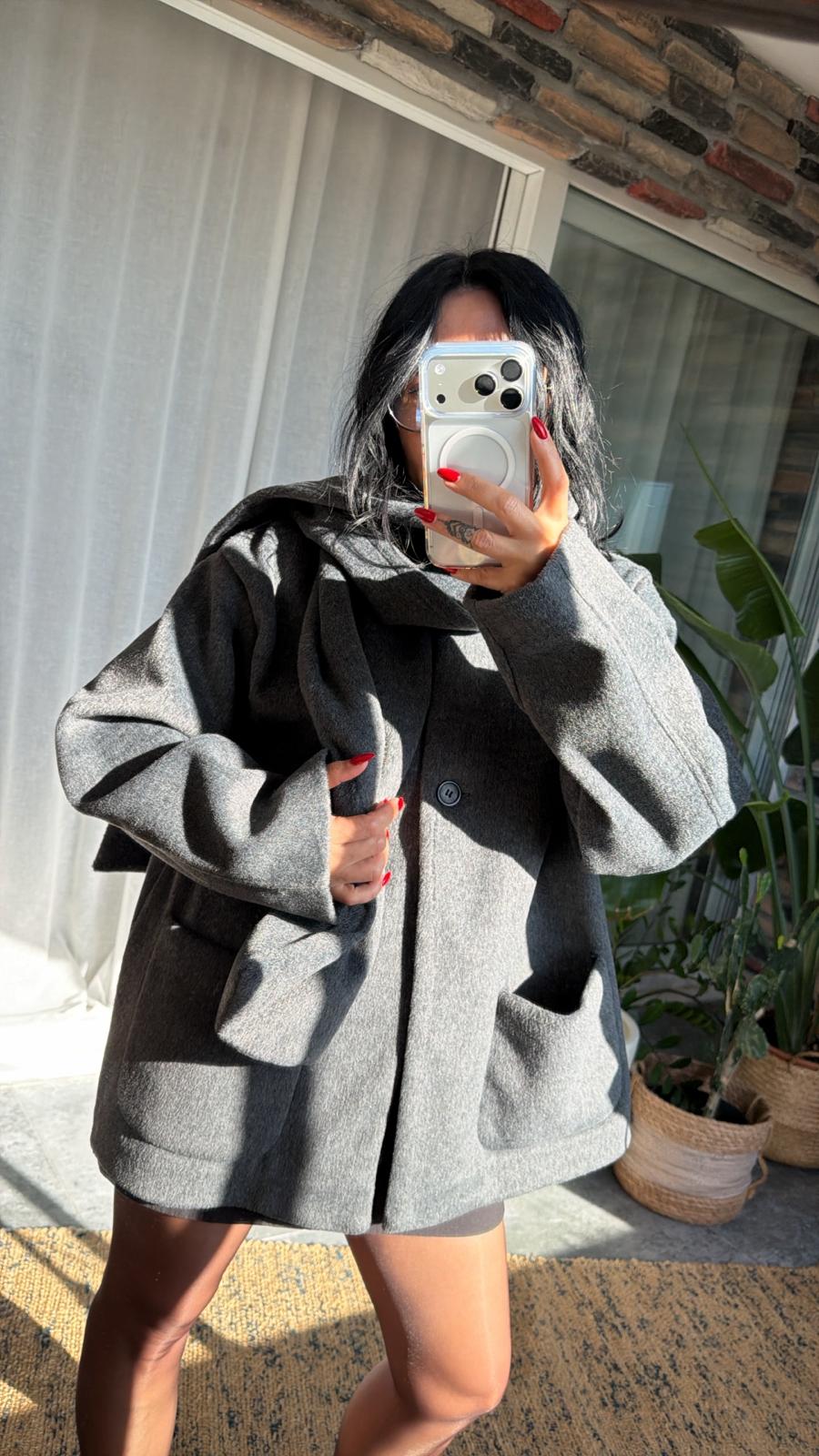 Şal Detaylı Düğmeli Kaşe Ceket - Gri