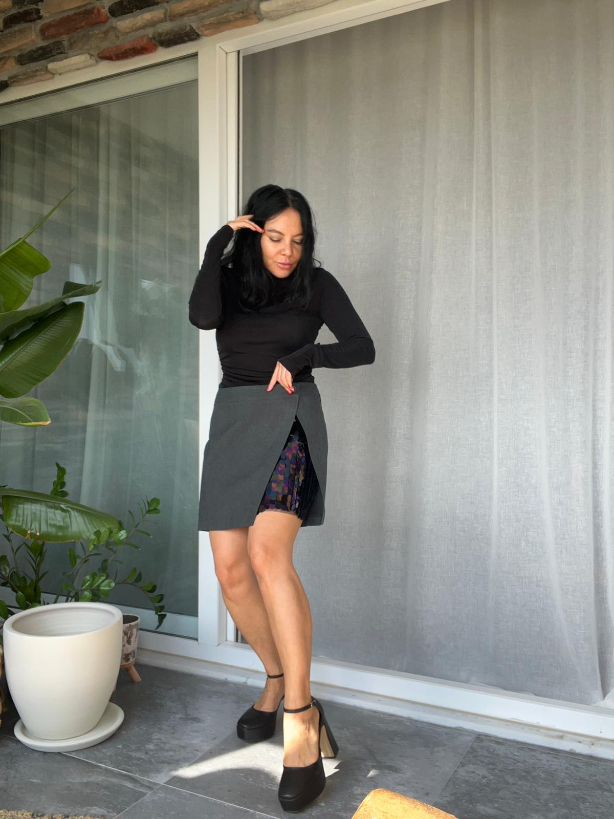 Antrasit Payet Detaylı Mini Etek 