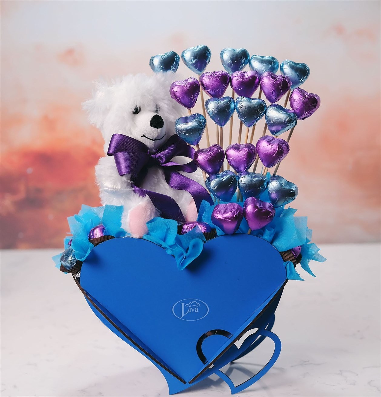 Ayıcık ve Kalp Yaldızlı Çikolata Mavi Ahşap Kutu