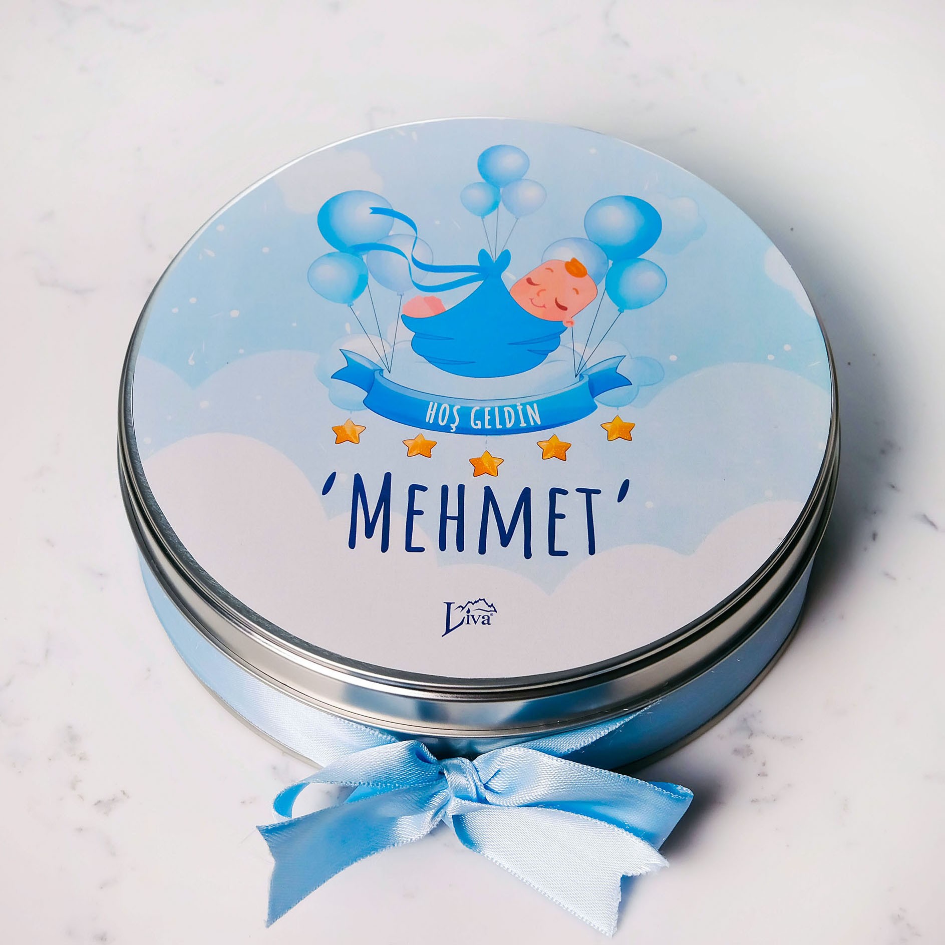 Erkek Bebek Çikolatası Uçan Balonlar Baskılı Metal Kutu 80 Adet Napoliten Çikolata