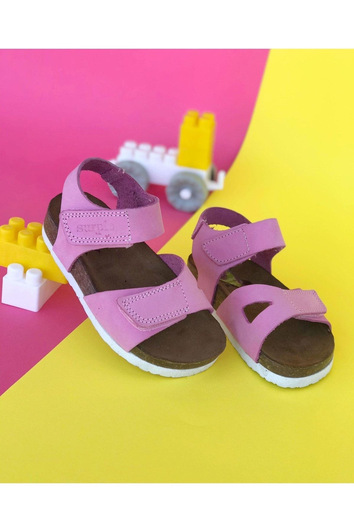 Hakiki Deri Mantar Taban Ortopedik Çocuk Sandalet - pembe