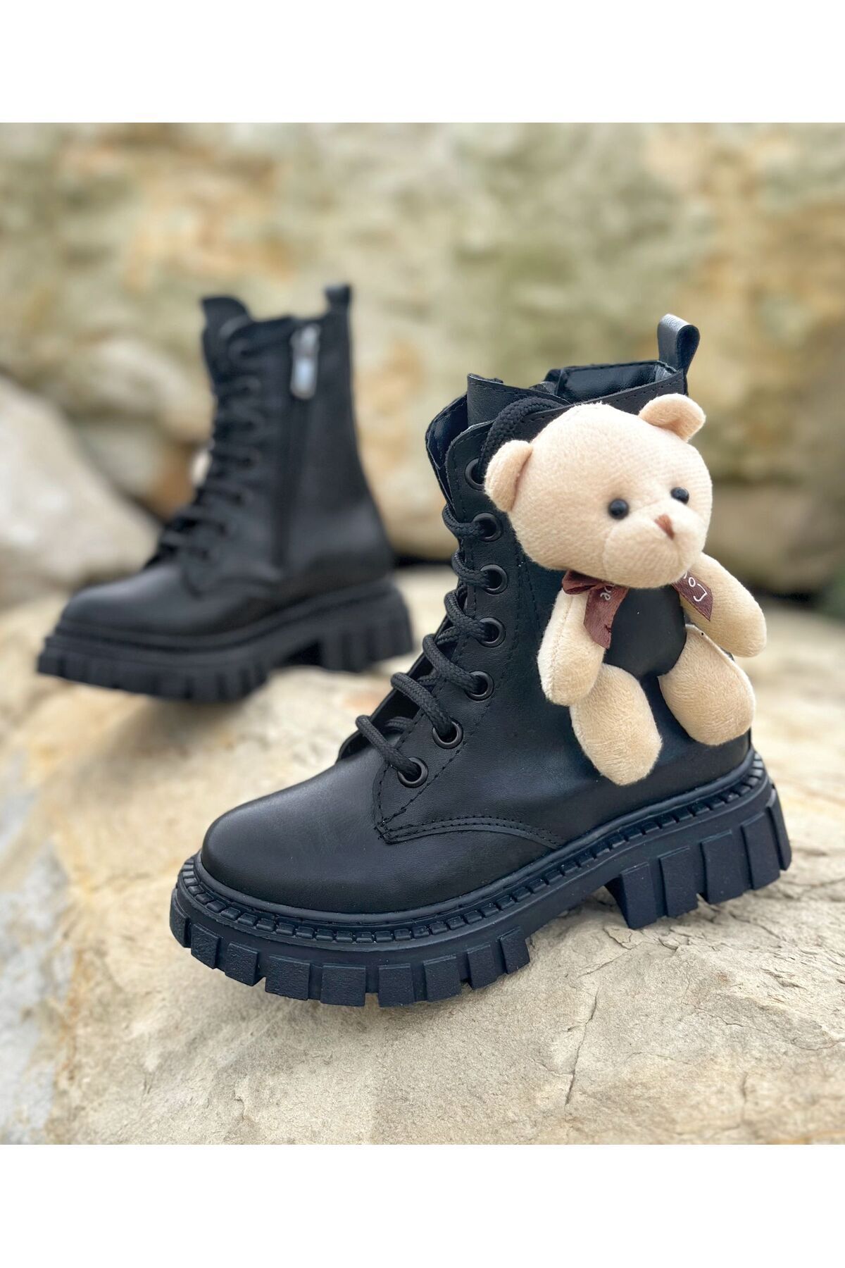 Ayıcıklı Kız Çocuk Bot, Fermuarlı Çocuk Bot, Siyah Çocuk Bot - siyah