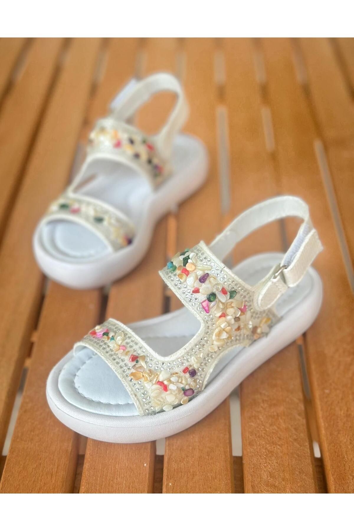 Süslü Kız Çocuk Sandalet, Çocuk Bantlı Sandalet, Kız Çocuk Yazlık Ayakkabı - sedef