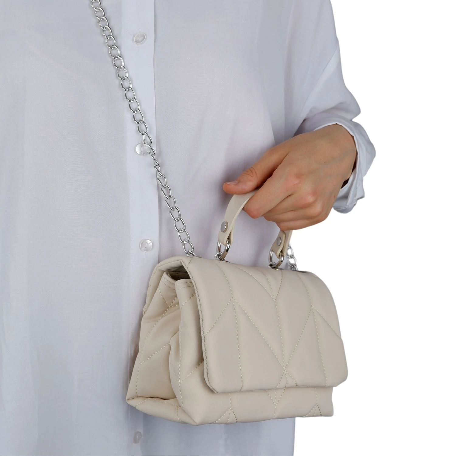 Bagacar Zincirli Şık Bayan Çapraz El ve Omuz Çantası Bej