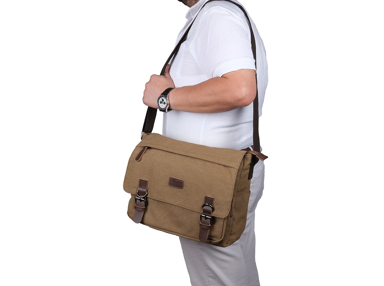 Bagacar Orjinal Kanvas Kumaş Laptop Bölmeli Unisex Çapraz Çanta Bej