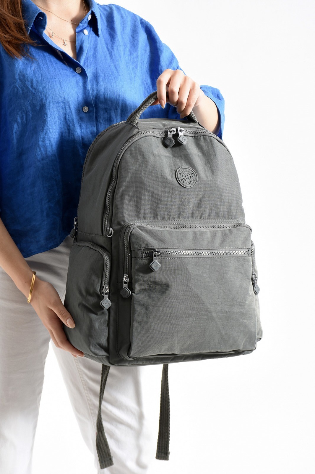 Bagacar Bolsas 1094 Su Geçirmez İthal Krinkıl Kumaş Laptop Bölmeli Okul ve Günlük Sırt Çantası Gri