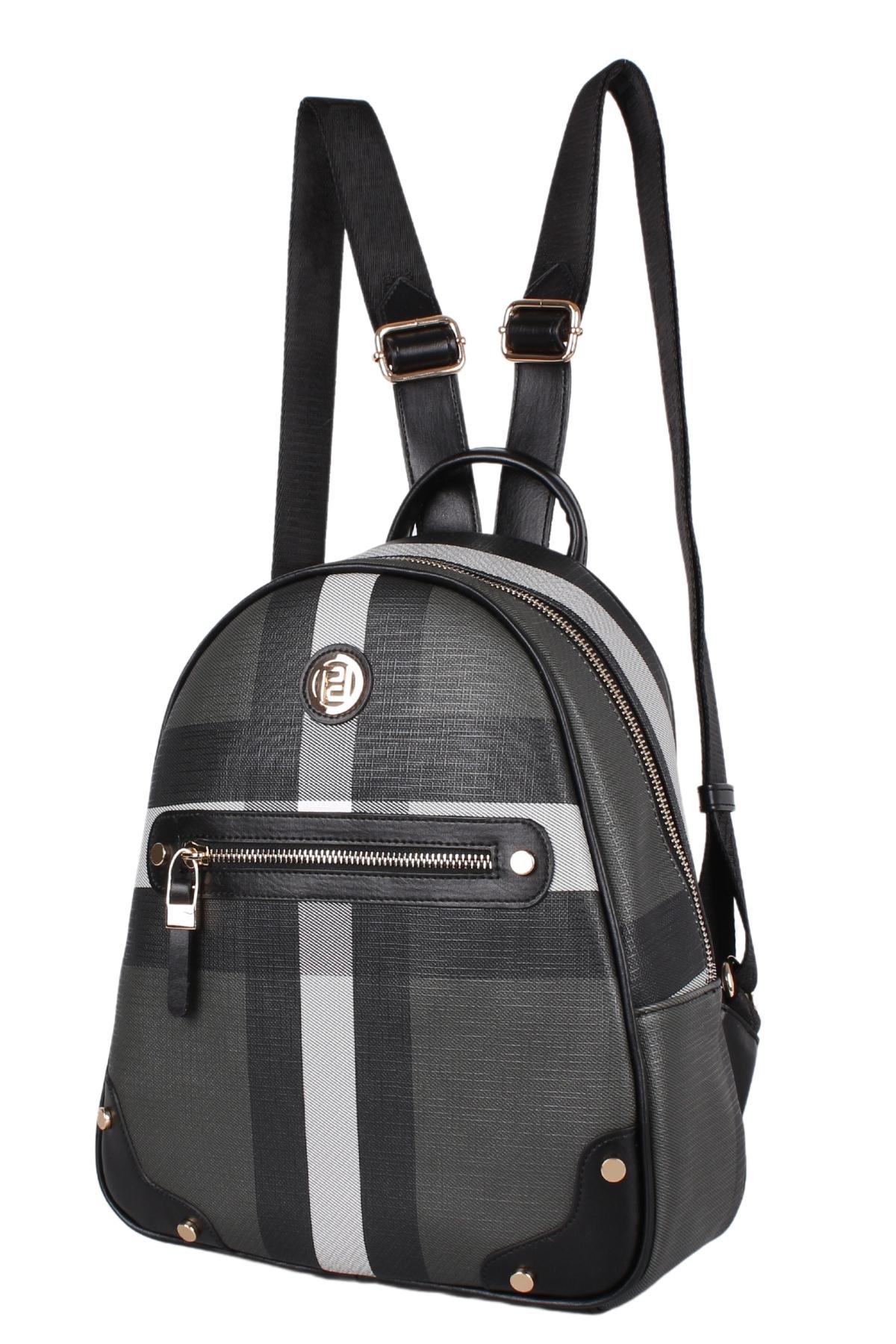 Bagacar 1063 Ekose Siyah Siyah Bayan Suni Deri Sırt Çantası