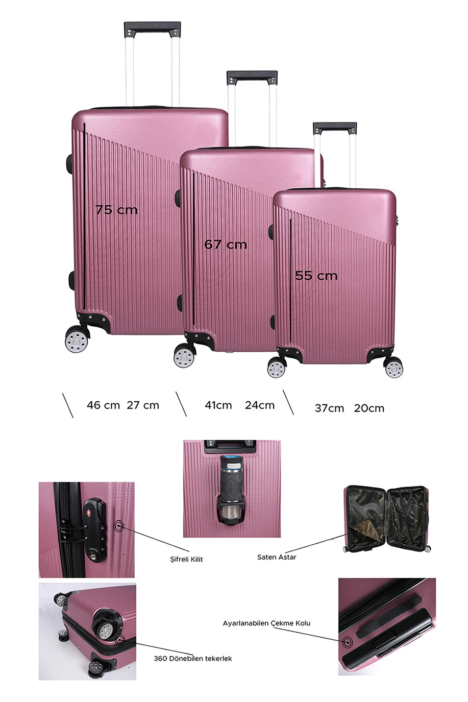 Bagacar Abs Özel Üretim Bardak, Şişe Koymalı Orta Boy Valiz Pudra+ETİKET HEDİYELİ!