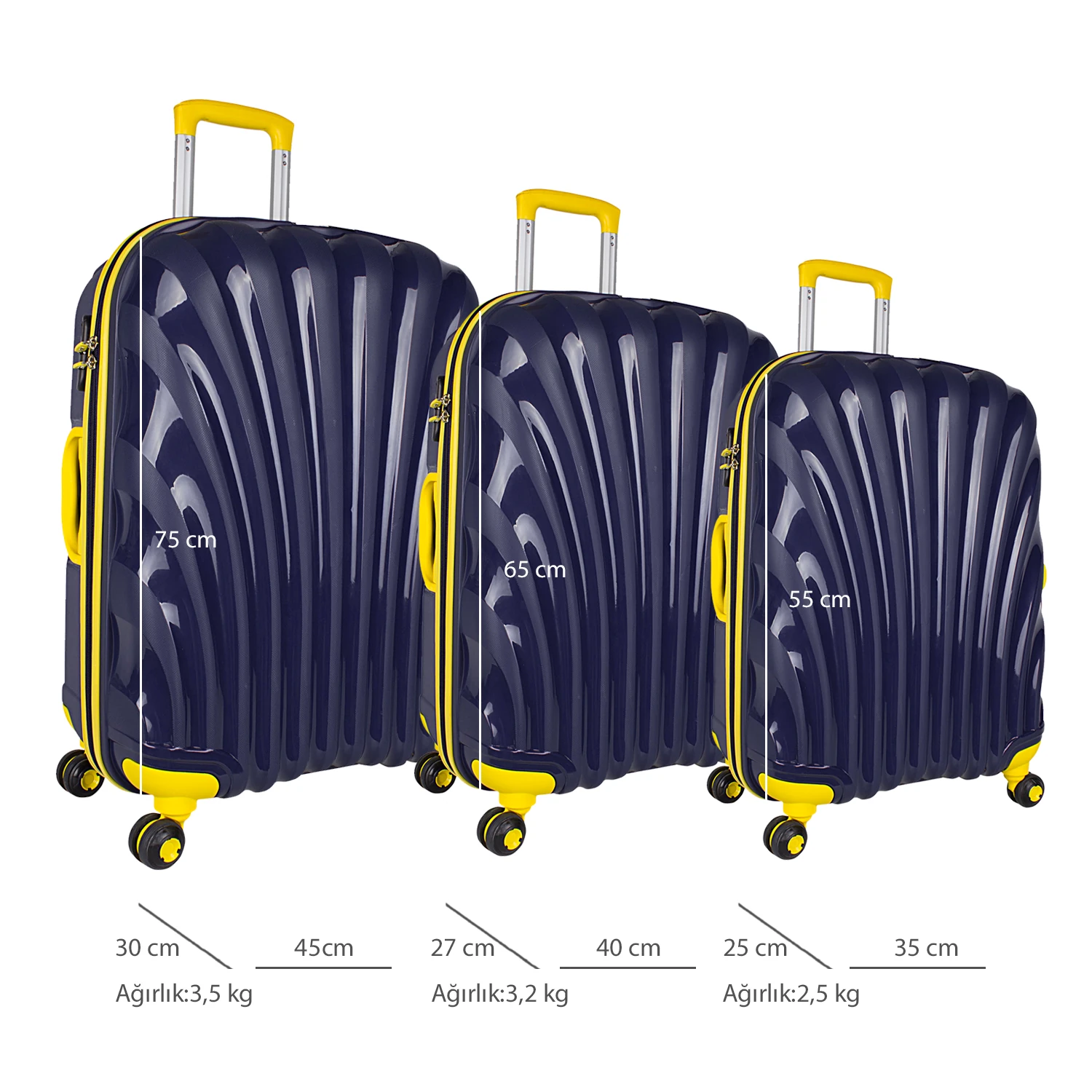 Bagacar Shell Silikon Kırılmaz Valiz Seti Lacivert Sarı