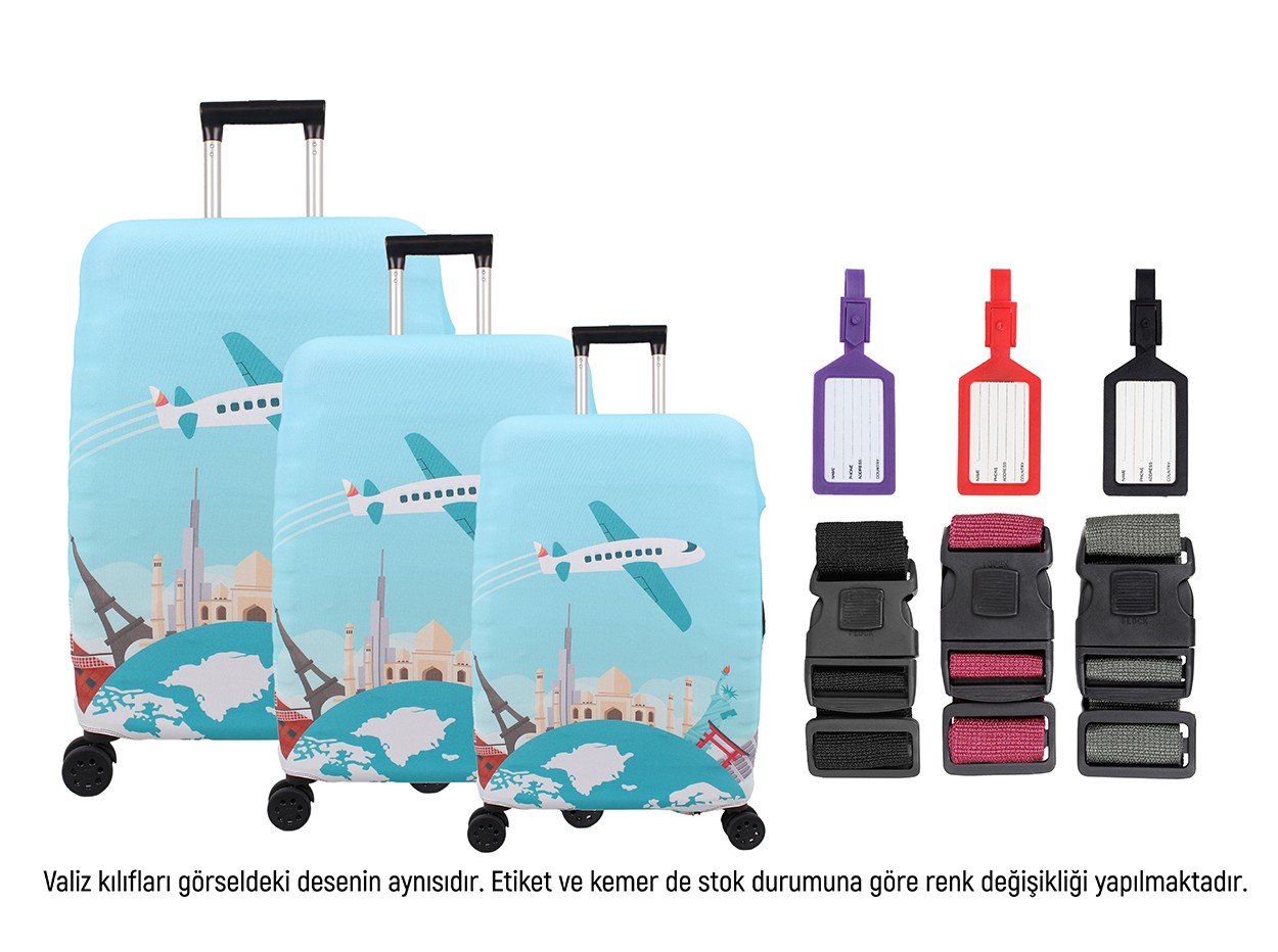 Bagacar Plane 3lü Set Valiz Kılıfı, 3 lü Valiz Kemeri, 3lü Valiz Etiketi