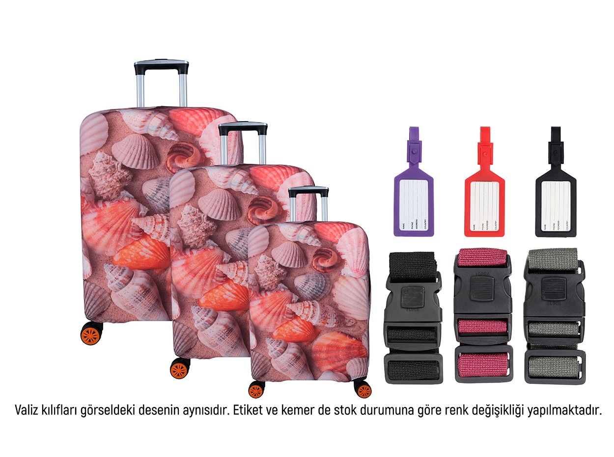 Bagacar Deniz Kabuğu 3lü Set Valiz Kılıfı, 3 lü Valiz Kemeri, 3lü Valiz Etiketi