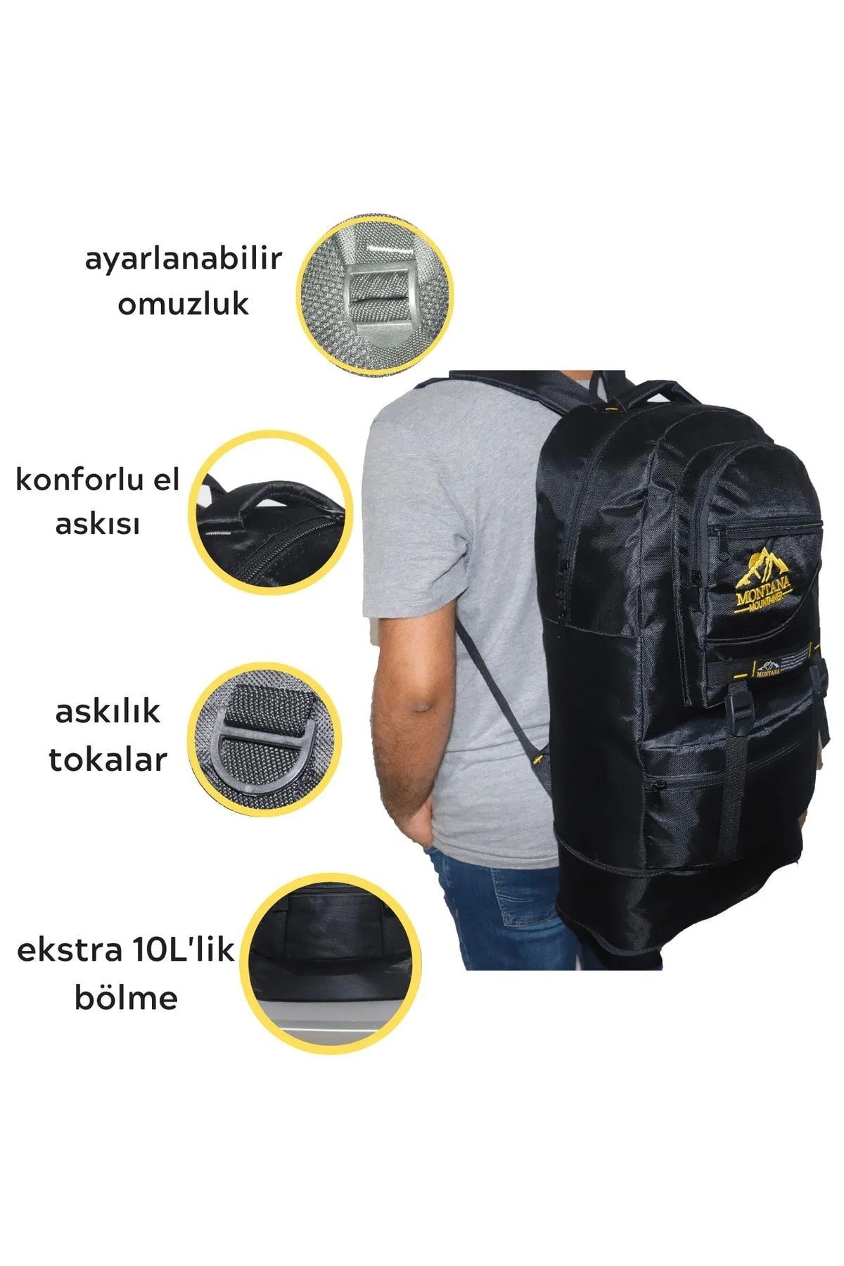 Mountainer 55+10 Litre Körüklü Siyah Su Geçirmez Çok Gözlü Seyahat-dağcı-kampçı Sırt Çantası