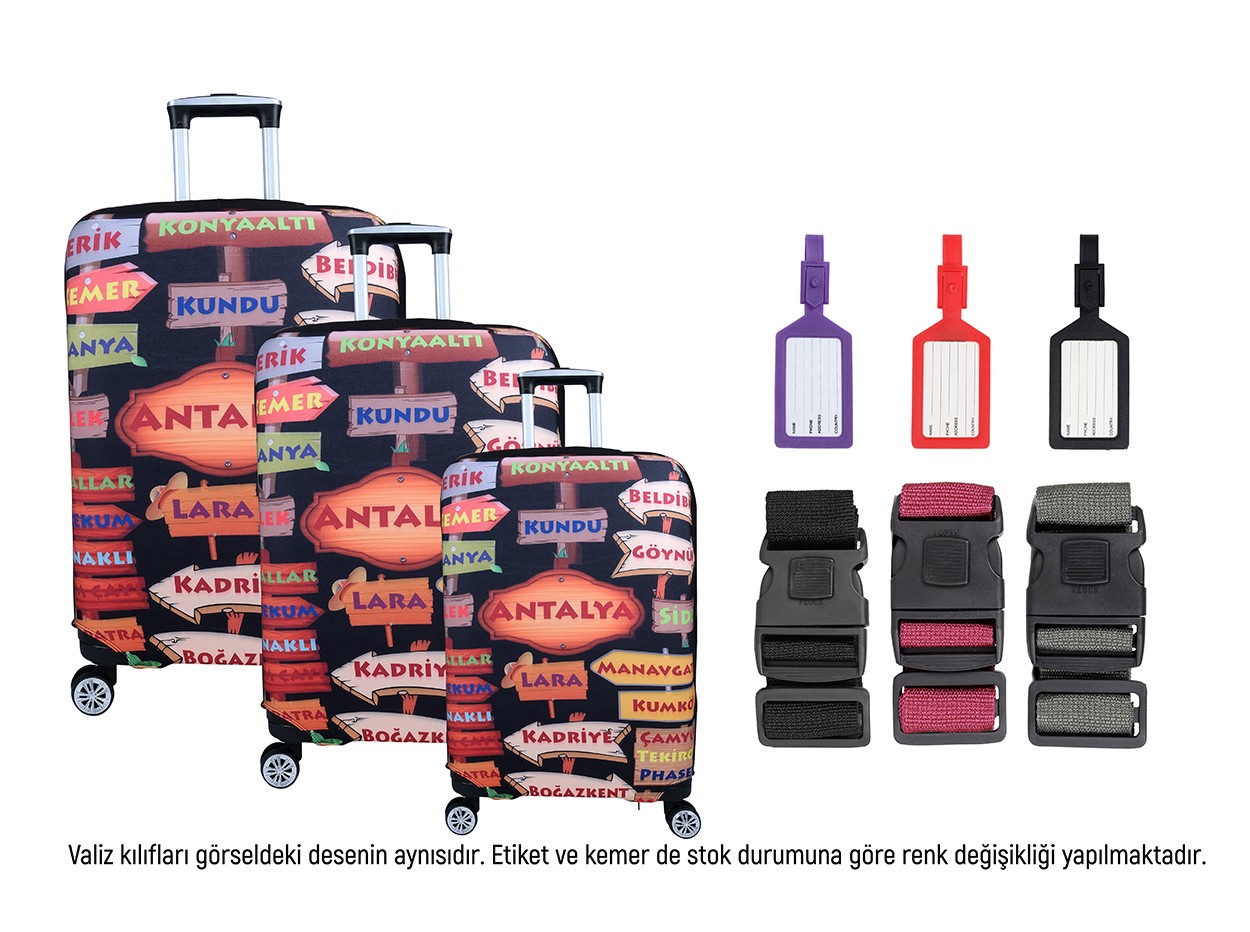 Bagacar Şehirler2 3lü Set Valiz Kılıfı, 3 lü Valiz Kemeri, 3lü Valiz Etiketi