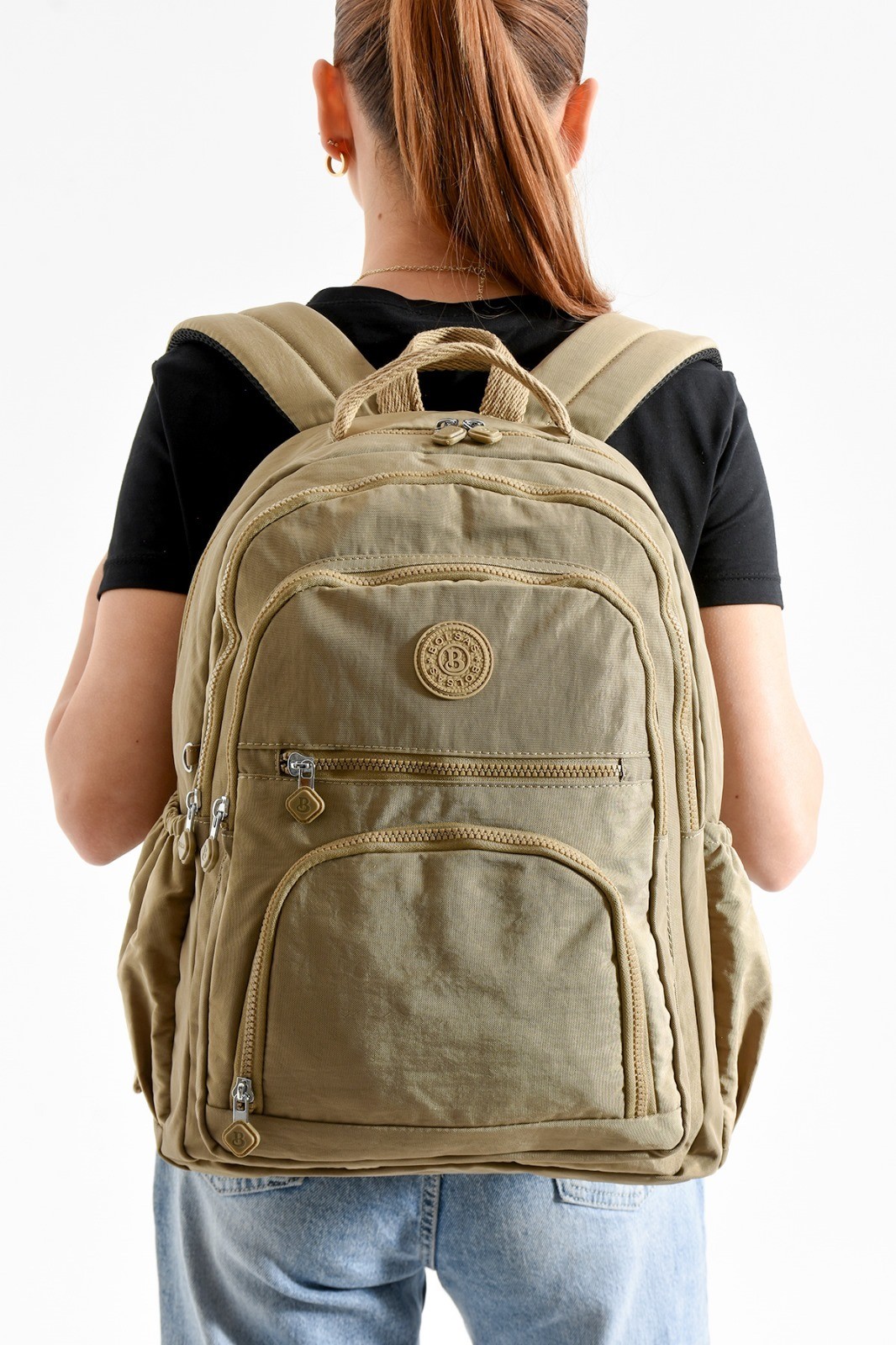 Bagacar Bolsas 1087 Su Geçirmez İthal Krinkıl Kumaş Laptop Bölmeli Okul ve Günlük Sırt Çantası Kum