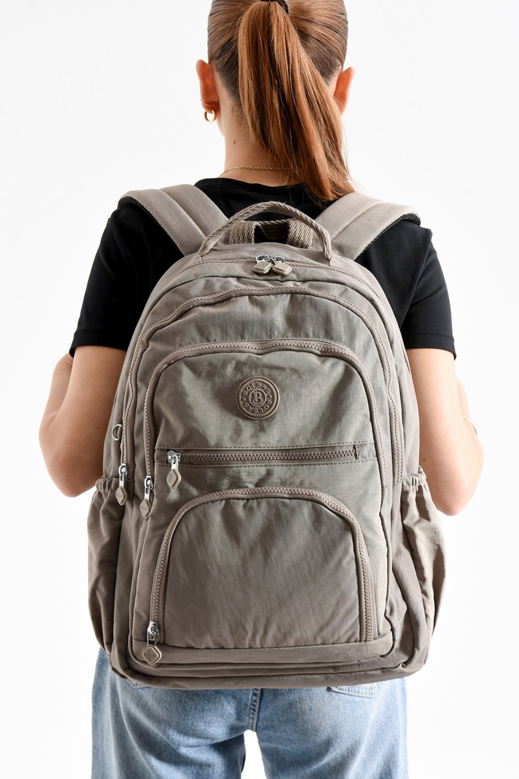 Bagacar Bolsas 1087 Su Geçirmez İthal Krinkıl Kumaş Laptop Bölmeli Okul ve Günlük Sırt Çantası Vizon