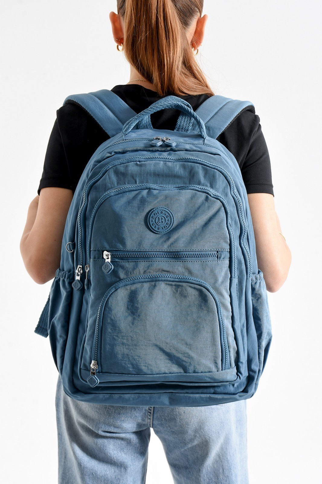 Bagacar Bolsas 1087 Su Geçirmez İthal Krinkıl Kumaş Laptop Bölmeli Okul ve Günlük Sırt Çantası Mavi