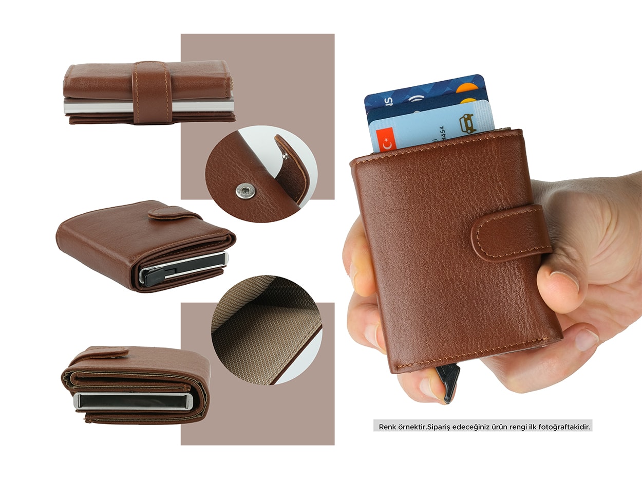 Bagacar DG02 Hakiki Deri Çıtçıtlı Mekanizmalı Cüzdan Kartlık Camel