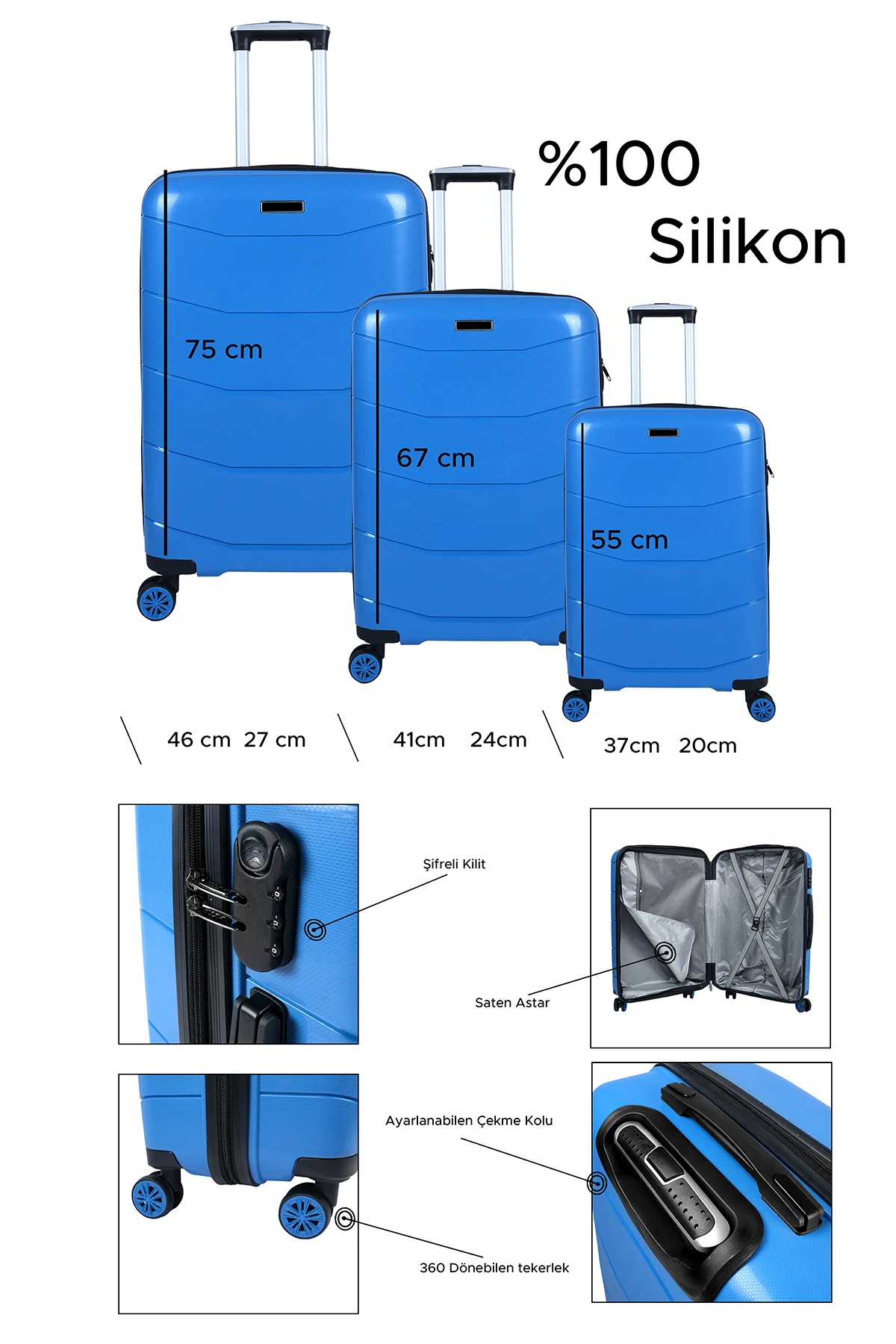 Bagacar Ultra Hafif Kırılmaz Silikon Orta Boy Valiz Mavi+ETİKET HEDİYELİ!