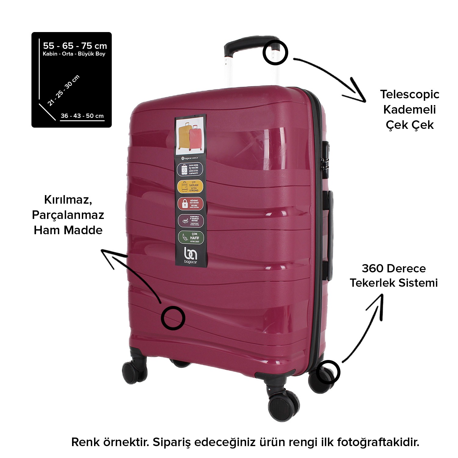 Bagacar Wave Bordo Sert Silikon Kırılmaz Büyük Boy Valiz