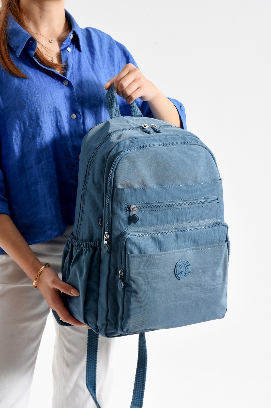 Bagacar Bolsas 1095 Su Geçirmez İthal Krinkıl Kumaş Laptop Bölmeli Okul ve Günlük Sırt Çantası Mavi