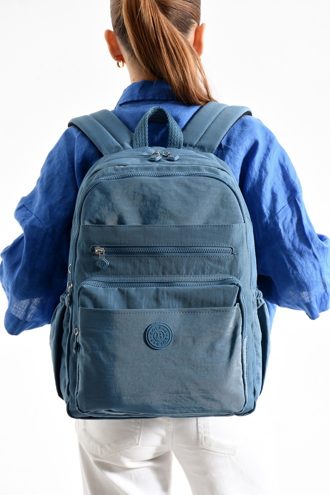 Bagacar Bolsas 1095 Su Geçirmez İthal Krinkıl Kumaş Laptop Bölmeli Okul ve Günlük Sırt Çantası Mavi