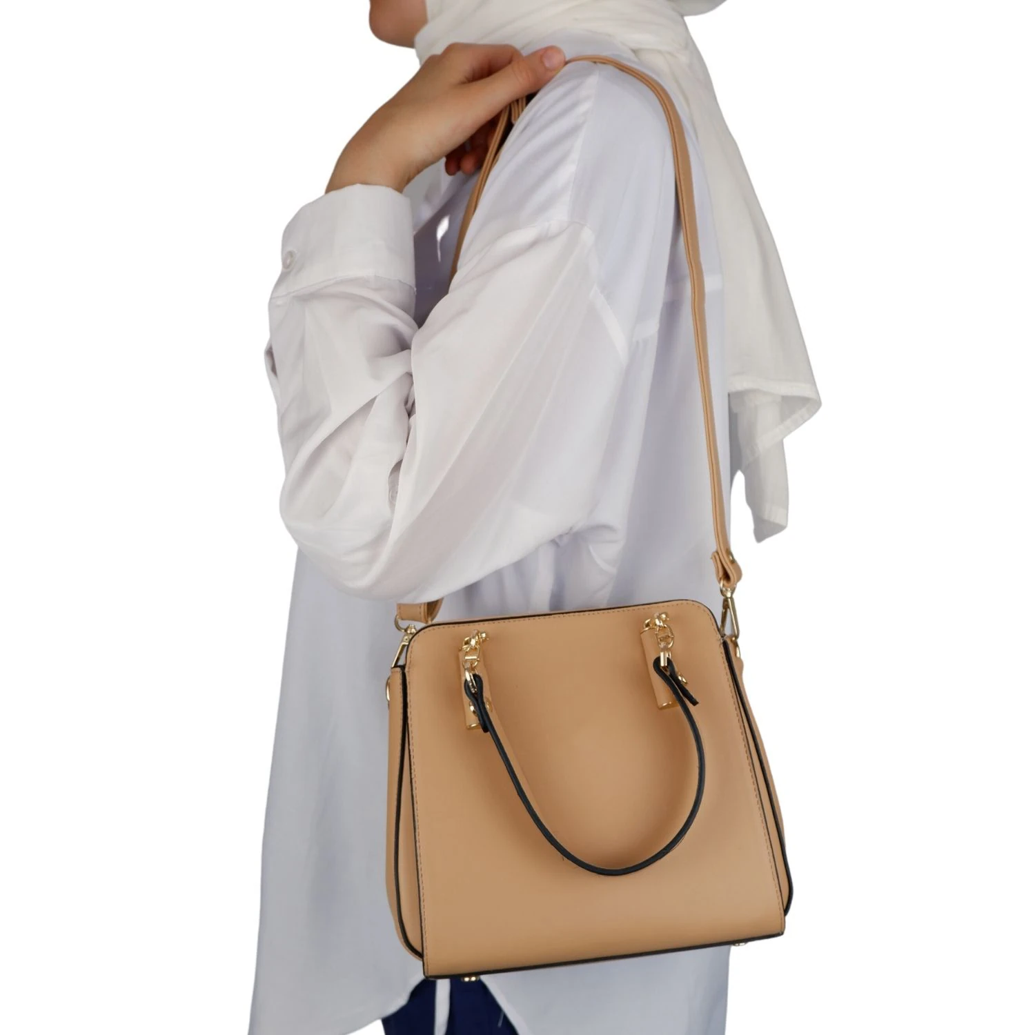 Bagacar 828 Camel Suni Deri Bayan Çapraz El ve Omuz Çantası