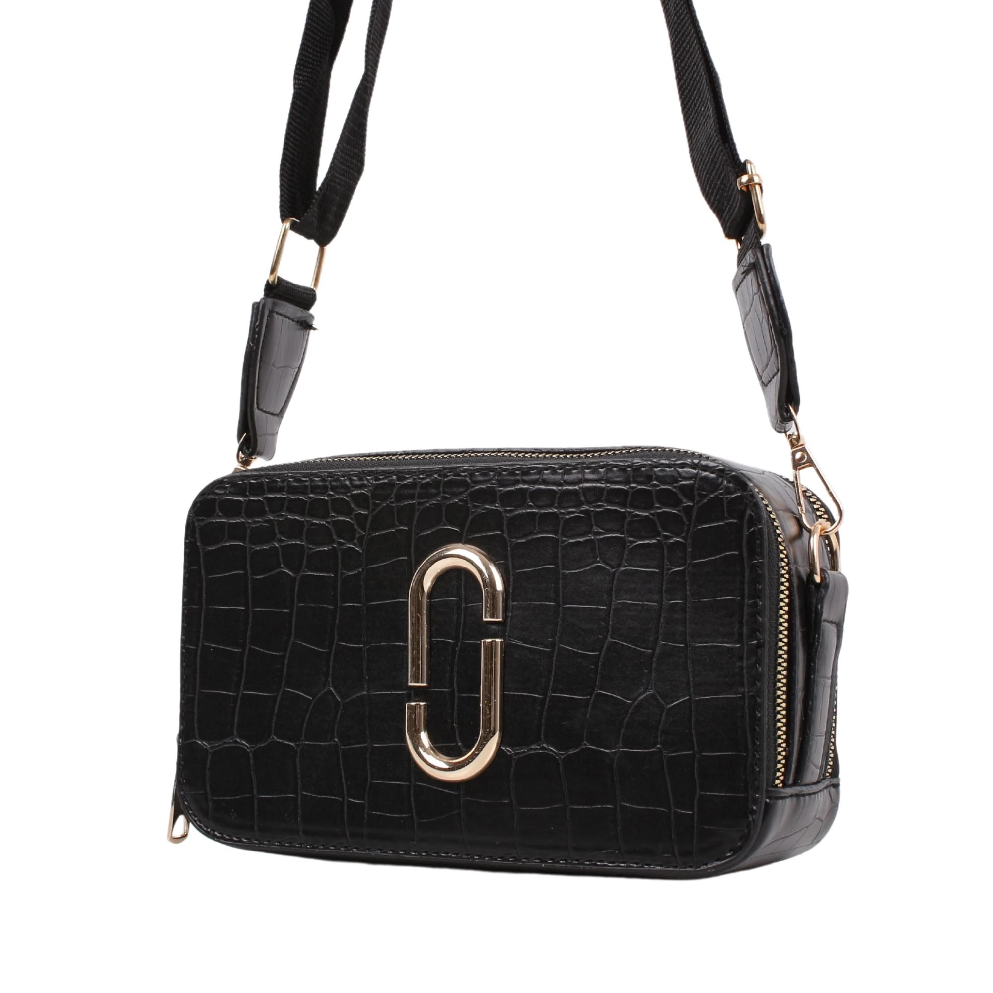 Bagacar TNV3 Kroko Siyah 2 Gözlü Kutu Çapraz Bayan Çantası