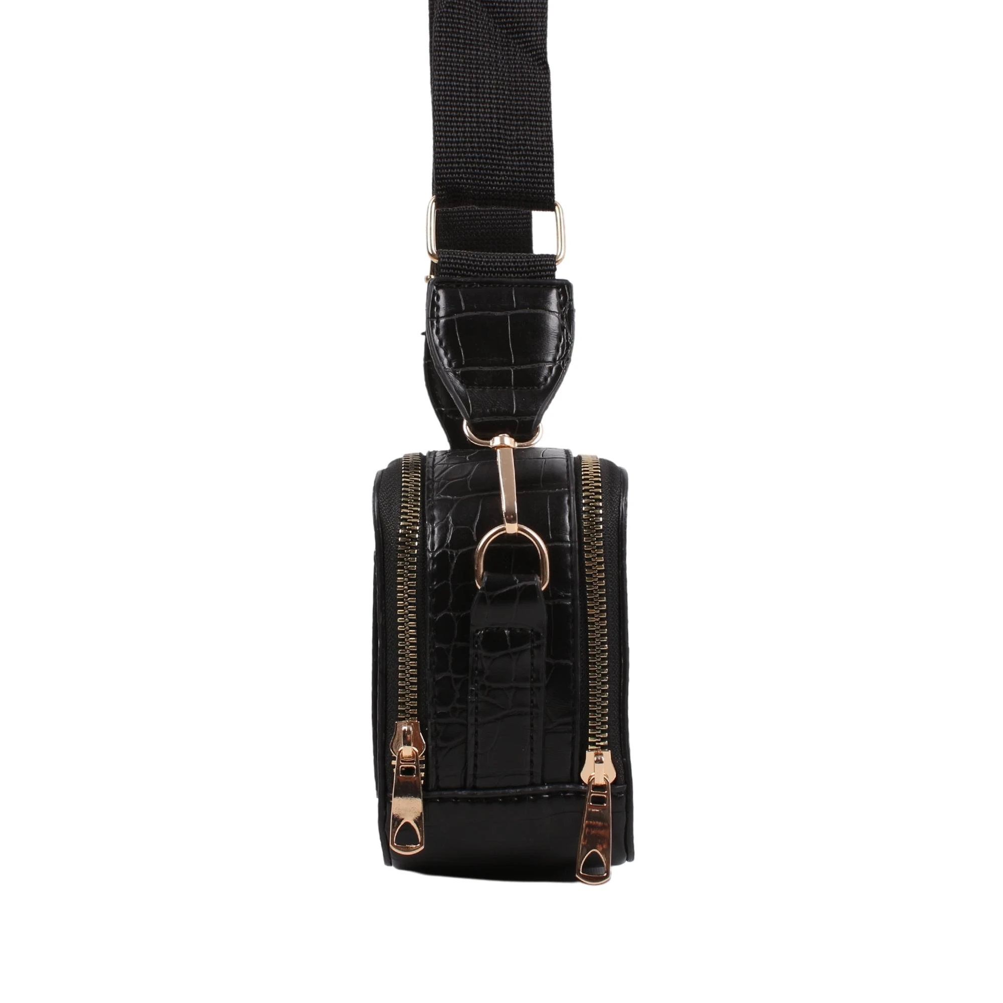 Bagacar TNV3 Kroko Siyah 2 Gözlü Kutu Çapraz Bayan Çantası