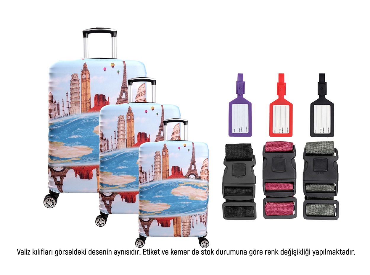 Bagacar Kule 3lü Set Valiz Kılıfı, 3 lü Valiz Kemeri, 3lü Valiz Etiketi